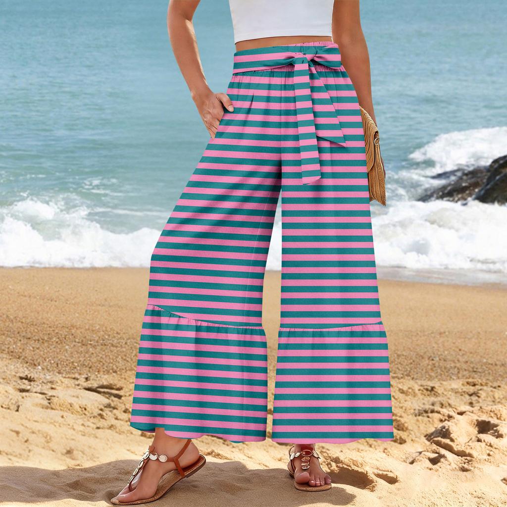 Pantalon décontracté large pour femme, Stretch, Taille haute, Ourlet à volants, Jambes larges, Ceinture, Et poches
