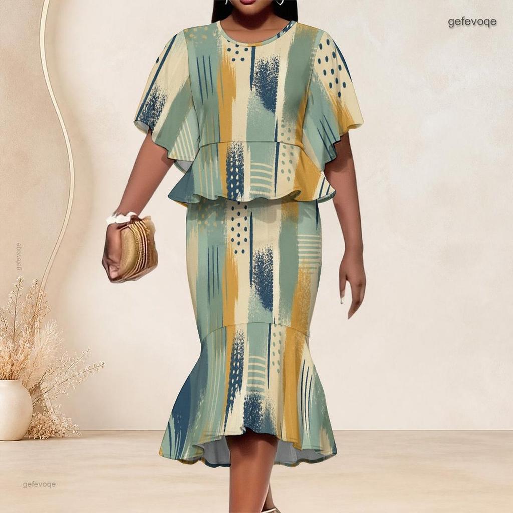 Women Plus Size Round Neck Batwing Short Sleeve Blue Green Printed Ruffle Hem Top Fishtail Skirt Two Piece Set