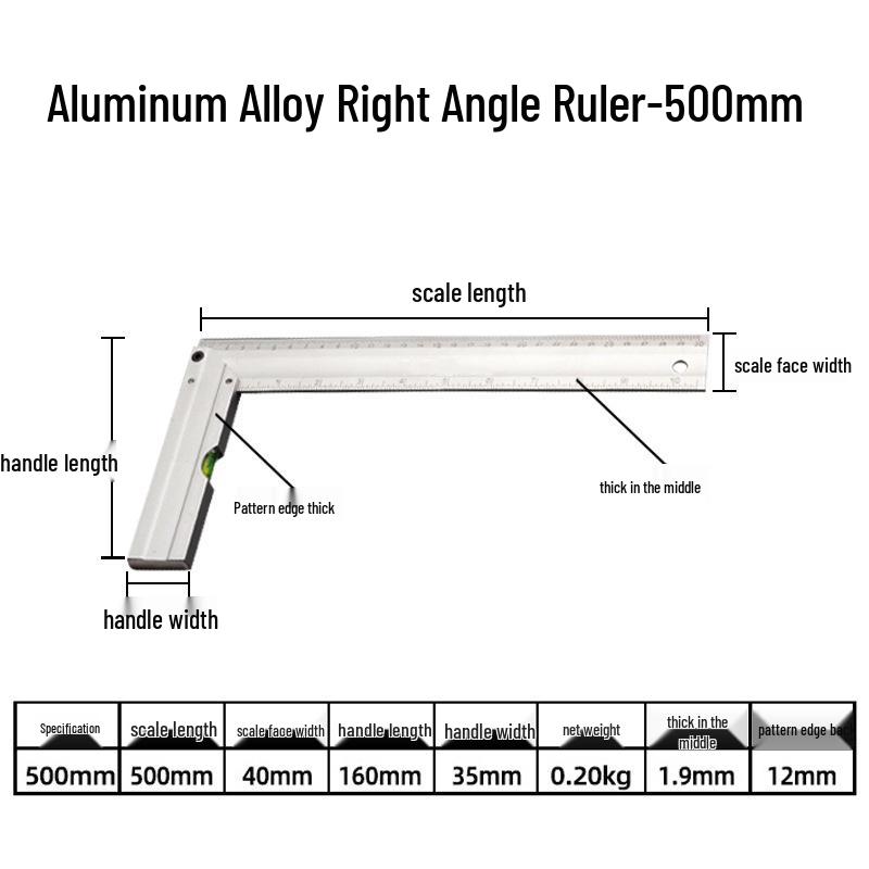 1m Stainless Steel & Aluminum Alloy Ruler, 50cm Measuring Tool, 15/20/30 Thickened Steel Plate, Straight Square Design