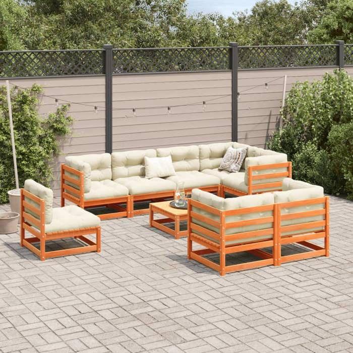 VidaXL Salon de jardin 9 pcs avec coussins marron cire bois pin massif 3299513