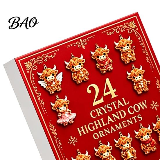 Decorative Keychain for Backpacks Highland Cow Advent Calendar, 24 Pcs Acrylic Hanging Ornaments Christmas Cartoon Character Tree Decoration, Festive