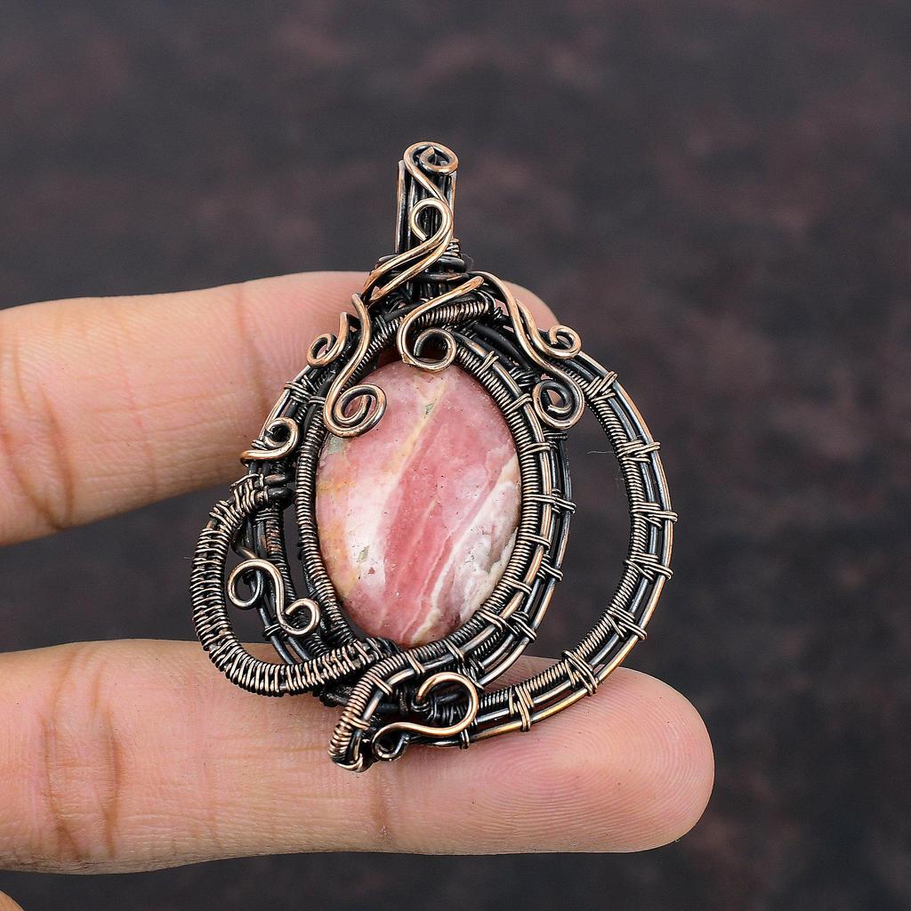 Rhodochrosite Pendant Copper Wire Wrapped Pendant High Quality Gemstone Jewelry Handmade Pendant Rhodochrosite Copper Jewelry Gift For Mom
