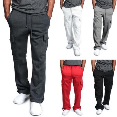 Men Cargo Pants with Multi Pockets Wide Leg Loose Solid Color Drawstring Elastic Waist