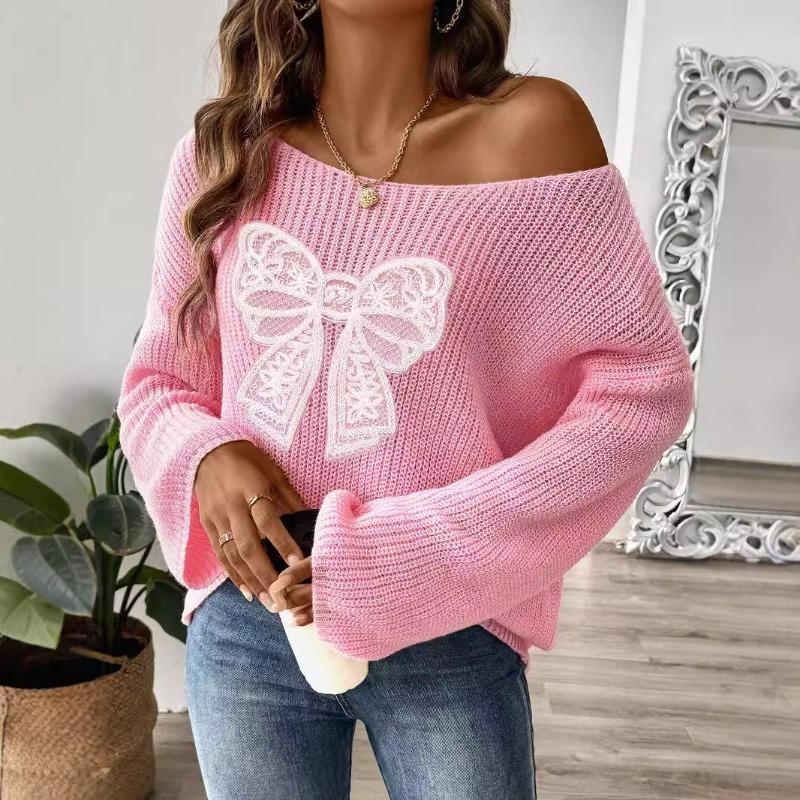 Women S One Shoulder Flare Sleeve Pullover Sweater With Bow Embroidery Patch S