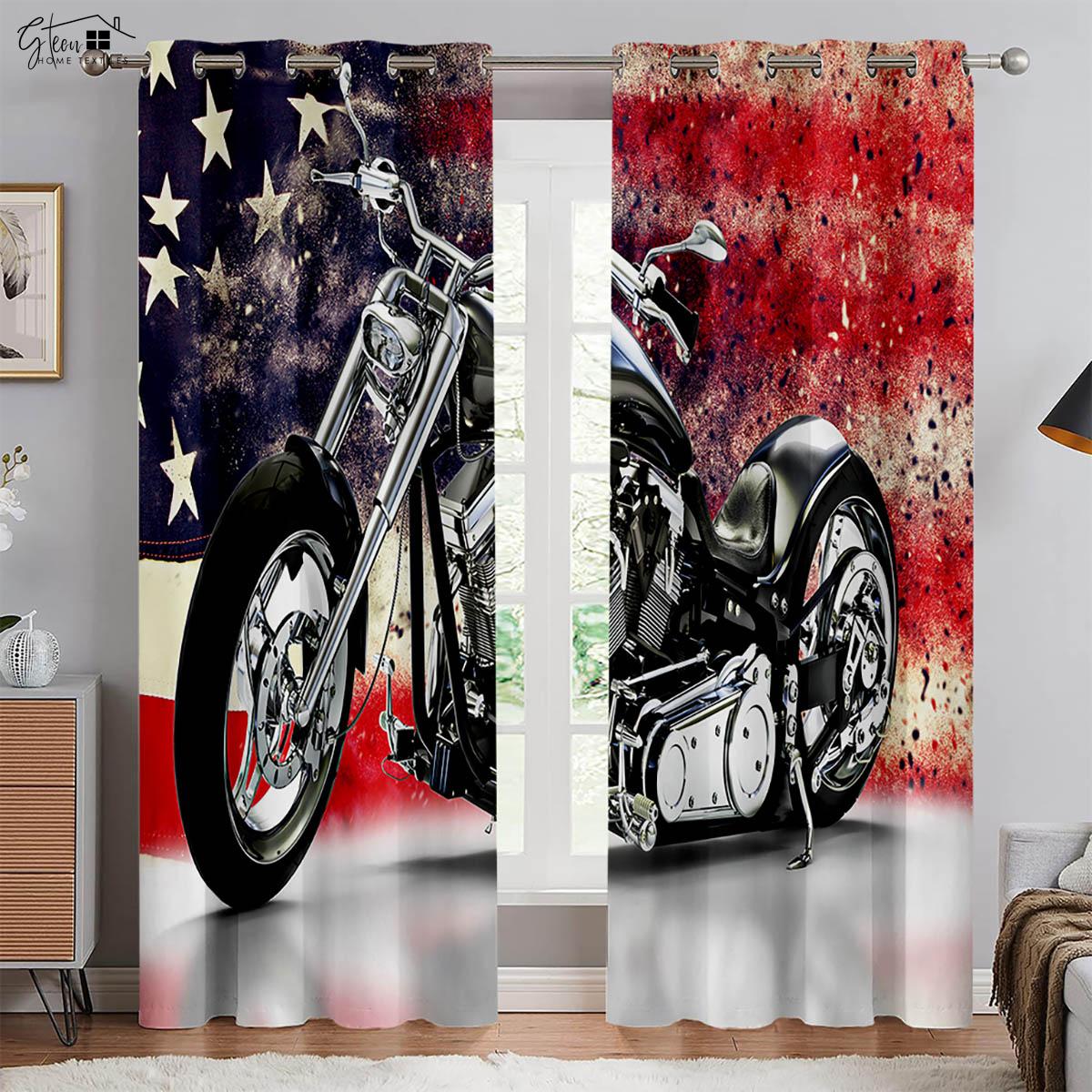 3D-gedruckte coole Motorrad-Vorhänge Retro-Motorrad Industrieller Stil Schlafzimmer Wohnzimmer Balkon Autolinie Dekorative Vorhänge W50xH130(CM)x2PCS&Grommet Top