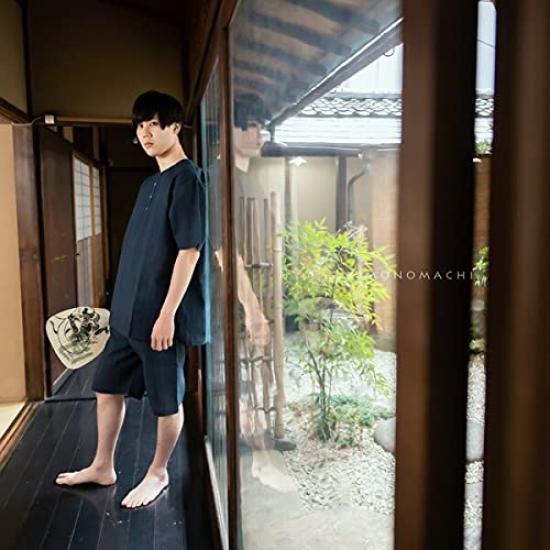 KIMONOMACHI Henley Navy Size Perfect Gift for Day or Respect for the Aged Day Men's Cotton-Linen Jinbei, Neck, "A Stripe," M, Father's