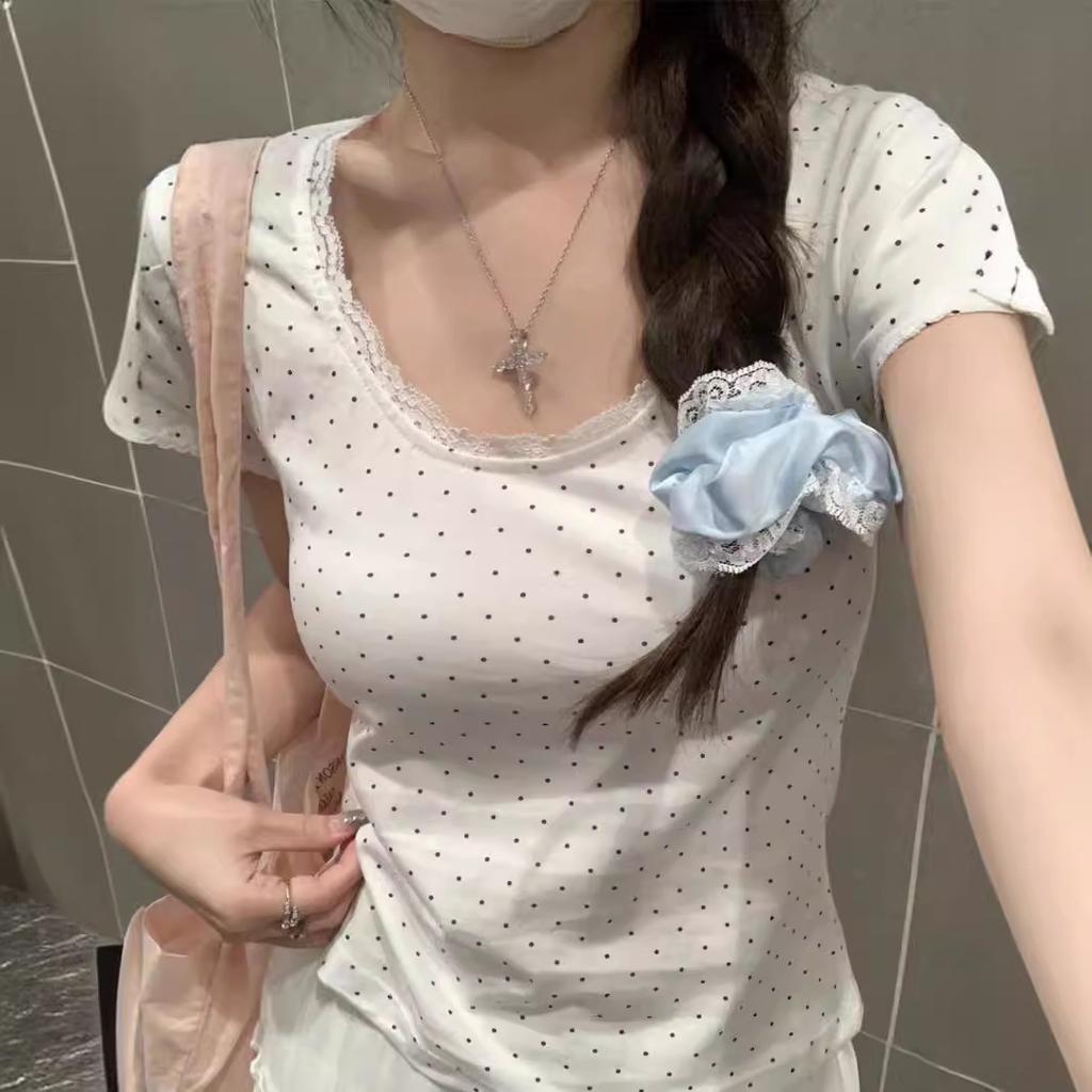 French Pure Desire White Lace Polka Dot Short-sleeved T-shirt Women's Summer Design Sweet Slim Top Ins