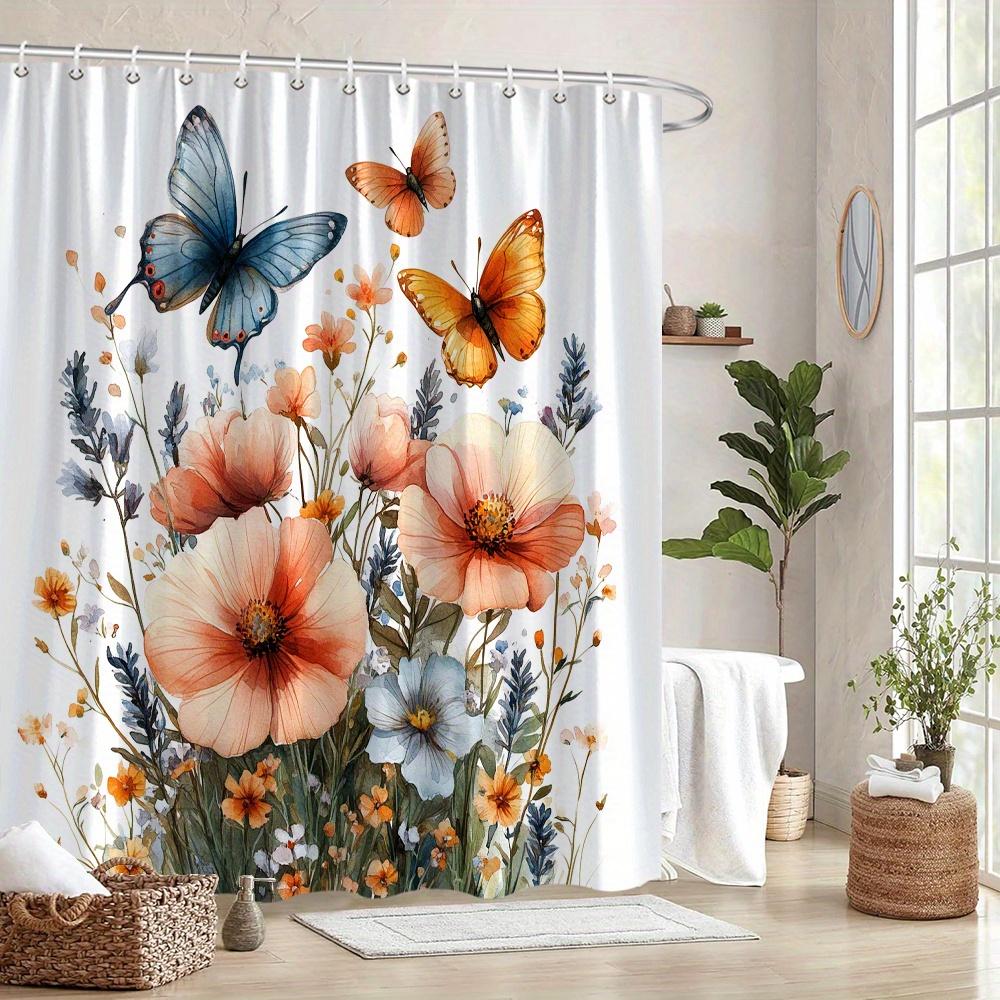 1 Piece Butterfly Floral Shower Curtain, Machine Washable, Polyester Fabric, Suitable for Bathroom Hotel Decoration