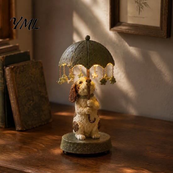 Cute Animal Sculpture Lamp Rotating Umbrella Lamp, Resin Holding Vintage Sculpture, Shape Bedside Light Tabletop Cat Dog Goose Figurine for