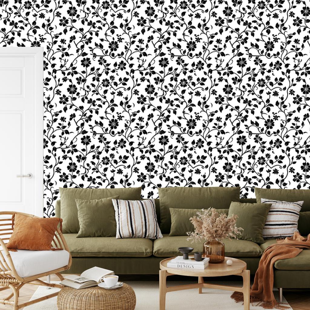 Wallpaper Black and White Flowers White and Gray for Living Room and Bedroom 50x1000