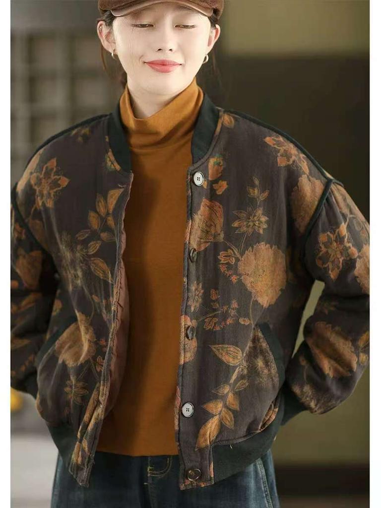 Johnature Women Vintage Print Floral Jackets Button Long Sleeve Winter Coats Warm Winter Casual Female Jackets