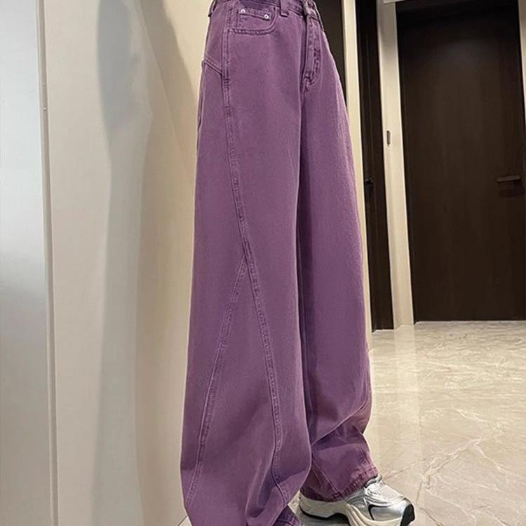 Chic Anti-Aging Purple High-Waisted Korean Wide-Leg Jeans with Yellow Duck Print for Women - Winter Casual Style