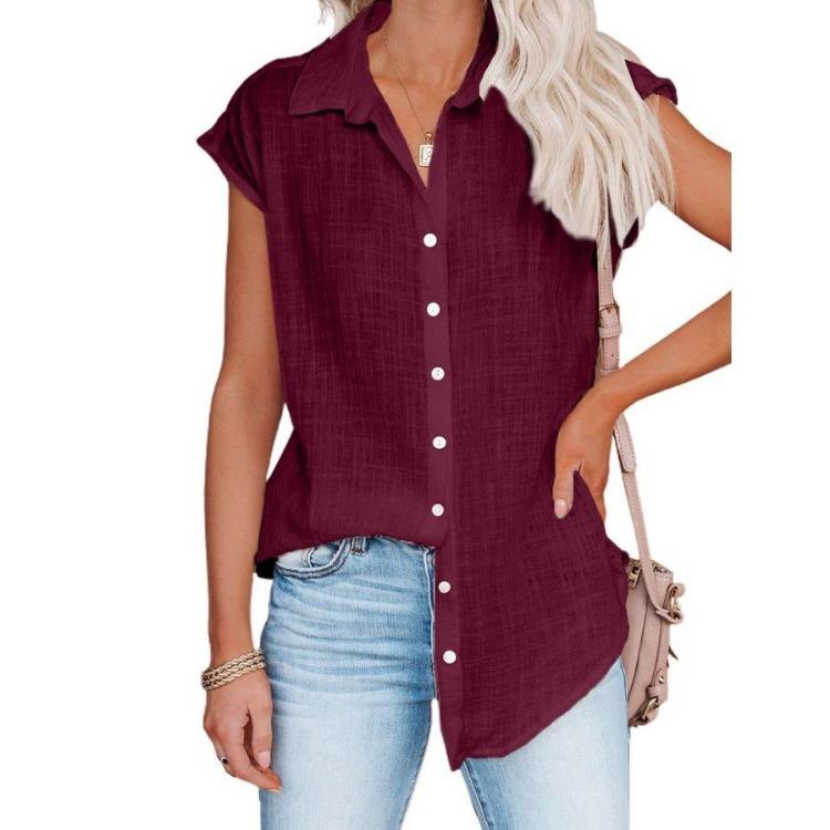 Women's Casual Summer Solid Color Short Sleeve Lapel Blouse Single Breasted Shirt Top