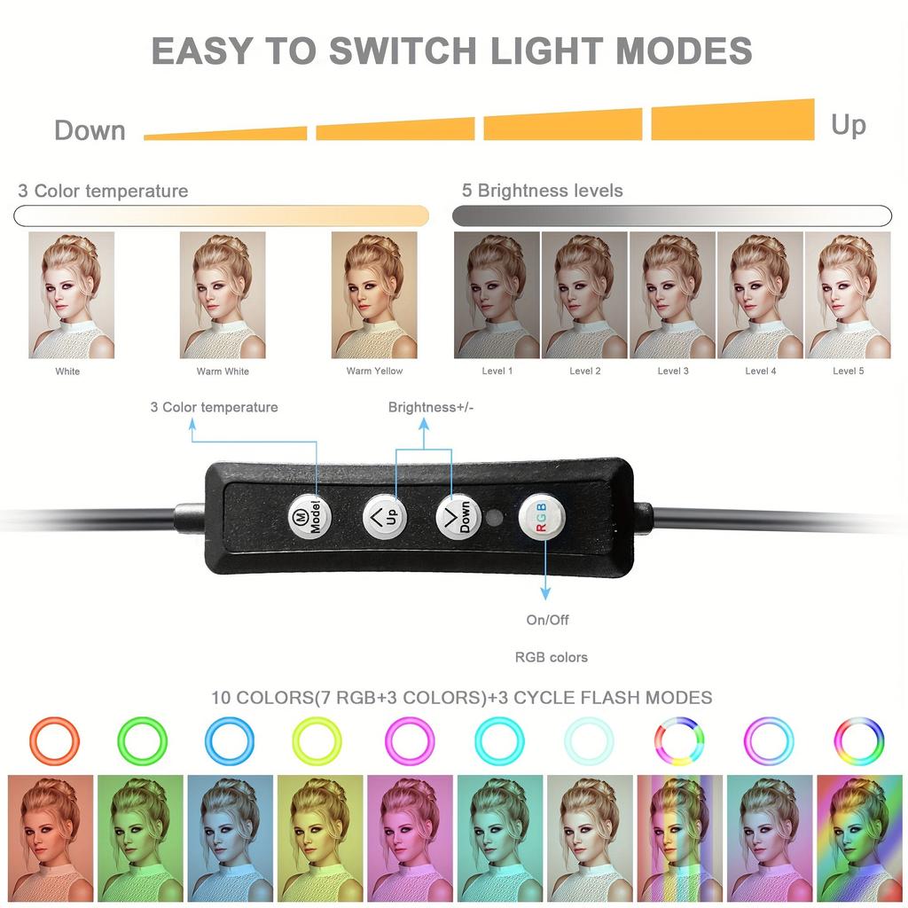 1 Stück 8/10/12 Zoll RGB Ringlicht-Set mit einstellbarer Farbe, stabilem Stativ & Handyhalterung - USB-betrieben für Video, Selfies & Make-up