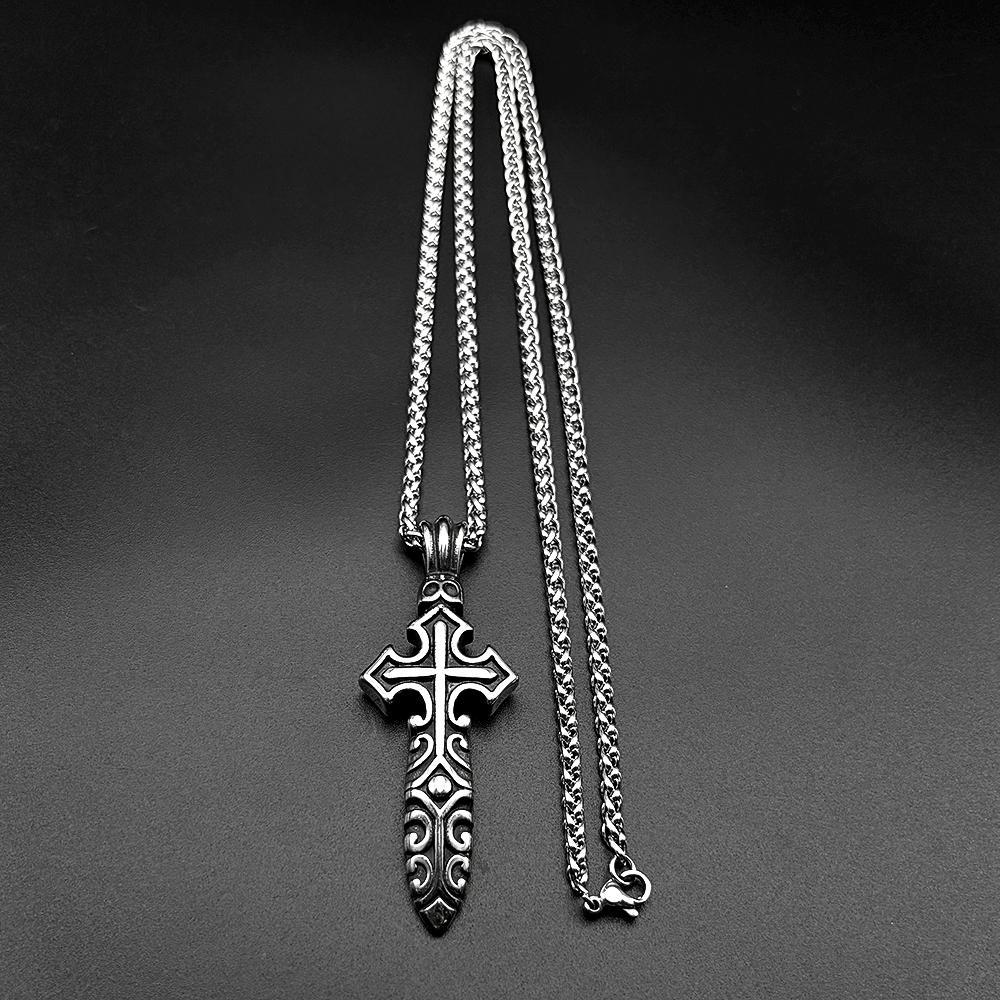 Vintage Gothic Punk Knight Sword Cross Pendant Necklace for Women Men Stainless Steel Silver Color Knife Chain Jewelry Gift
