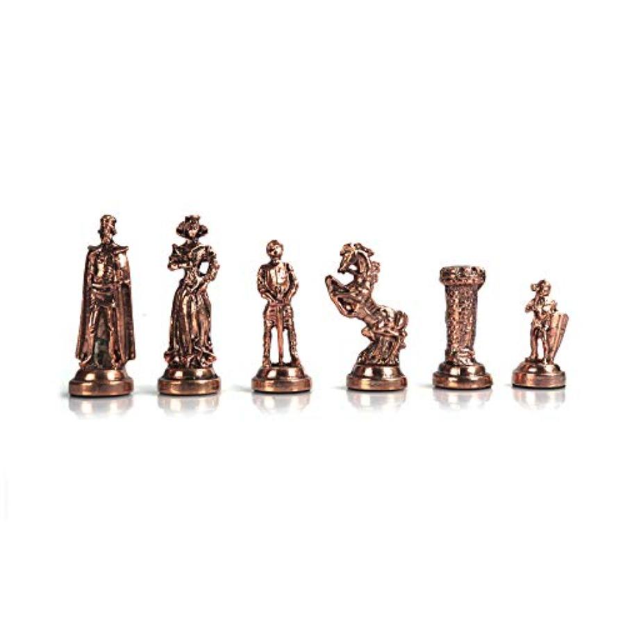 Medieval British Army Antique Copper Metal Chess Set for Adults Handmade Pieces and Natural Solid Wooden Chess Board with Pearl