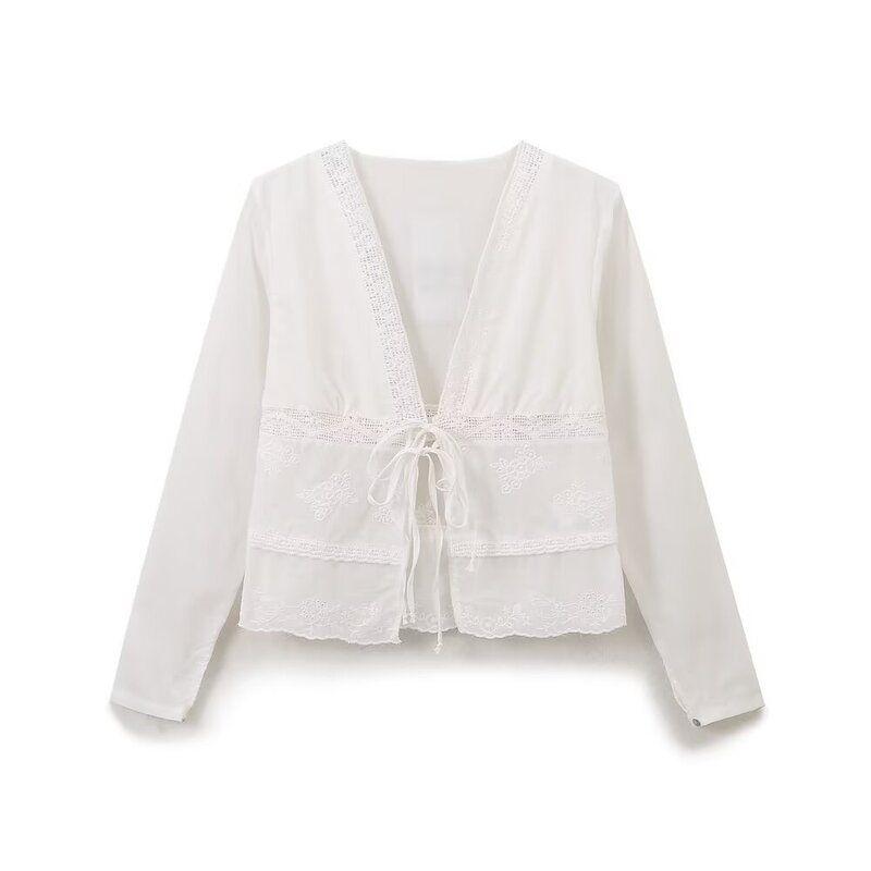 Fashion Style 2024 Autumn New Women's Clothing Easiest for Match Cotton Comfortable Long Sleeve White V-neck Shirt 0881046