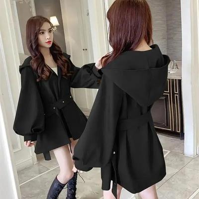 Hooded Trench Coat Women's Spring and Autumn Lantern Sleeves Casual British Belt Windbereaker Ladies Outwear