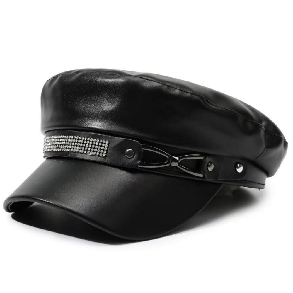 Black Beret Hat PU Leather Sailor Visor Hat Retro Newsboy Cap