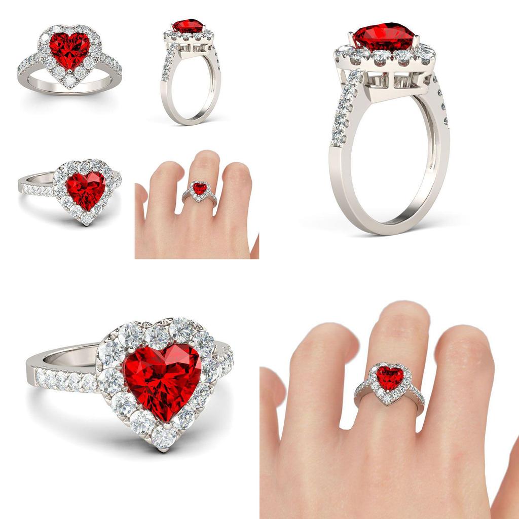 Bague en laiton plaqué argent de style antique avec pierre précieuse strass rubis rouge amour