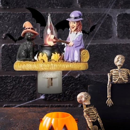 

Ночной светильник на Хэллоуин, 3D-фигурка ведьмы и кошки, пламя костра, декор дома с привидениями, энергосберегающий светодиодный светильник с розеткой ЕС, детский ночник