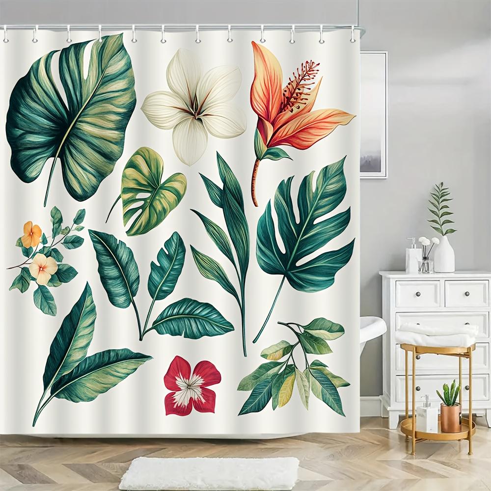 Watercolor Tropical Plant Illustration Shower Curtain 1Pc With 12 Hooks For Bathroom Home Decor Polyester 70.8X70.8 Inch