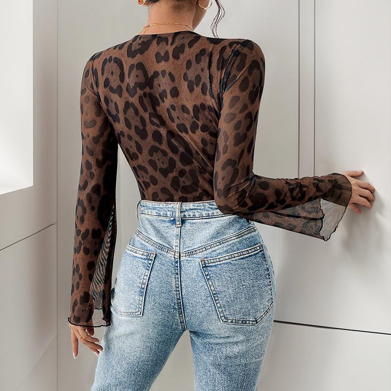 YYFS Women's Fashion Casual Leopard Print Spring Fall Long Sleeve V-Neck Bodysuits