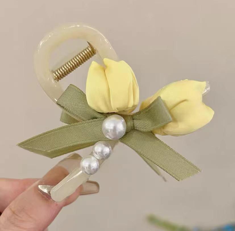 Sweety Flower Pearl Hairpin Elegant Pink Tulip Hair Claw For Women Girls Spring Summer Exquisite Hair Clips Hair Accessories 1pc
