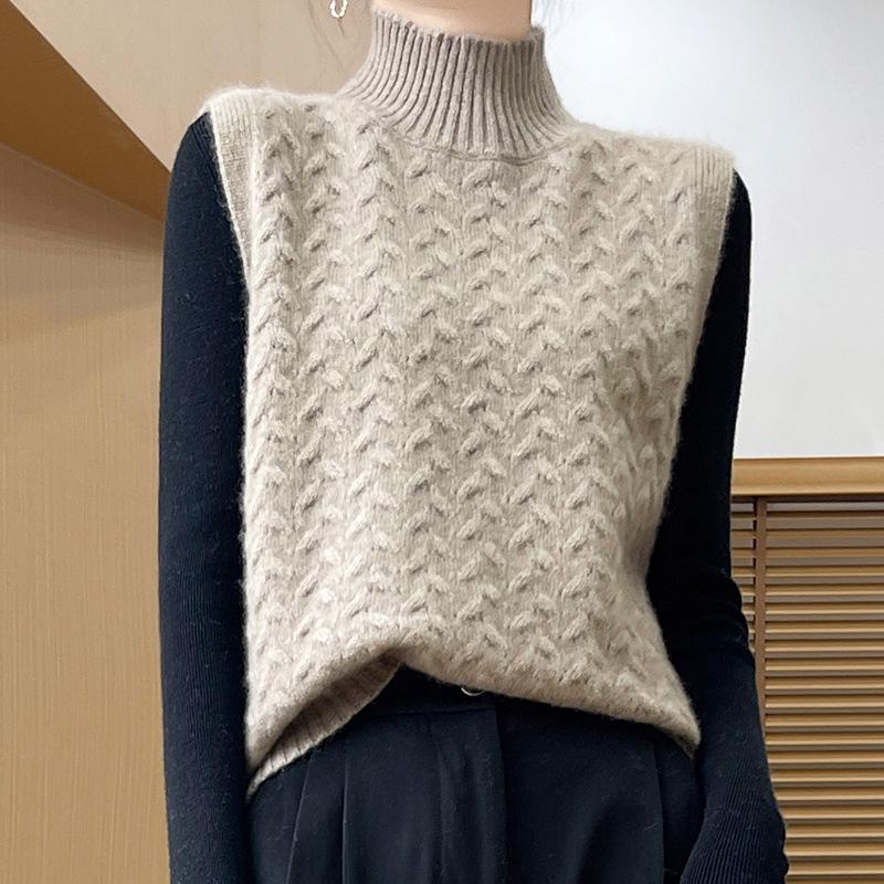 2025 Women's Wool Cable Knit Half-High Collar Sleeveless Sweater Vest