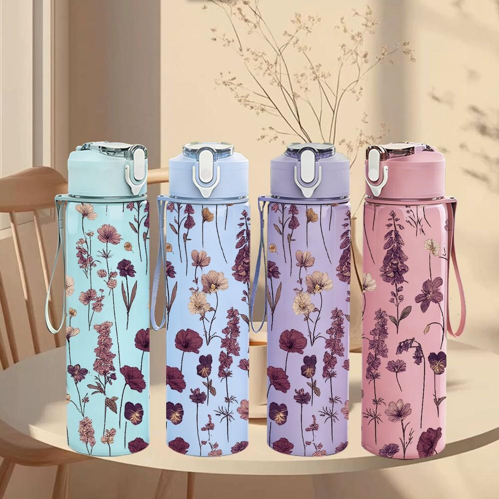1PC Purple Lavender Floral Bouquet Print 750ml Color Plastic Sports Water Bottle Leakproof Flip Straw Lid Suitable for Sports Office Home Use