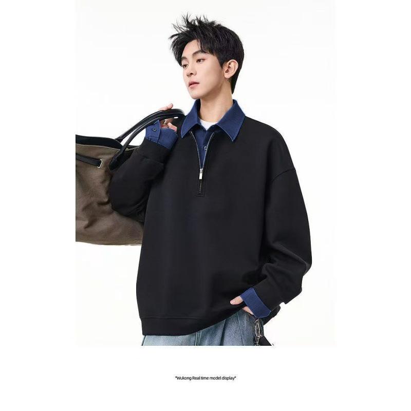 Korean Style Men s Half-Zip Patchwork Velvet Hoodie L