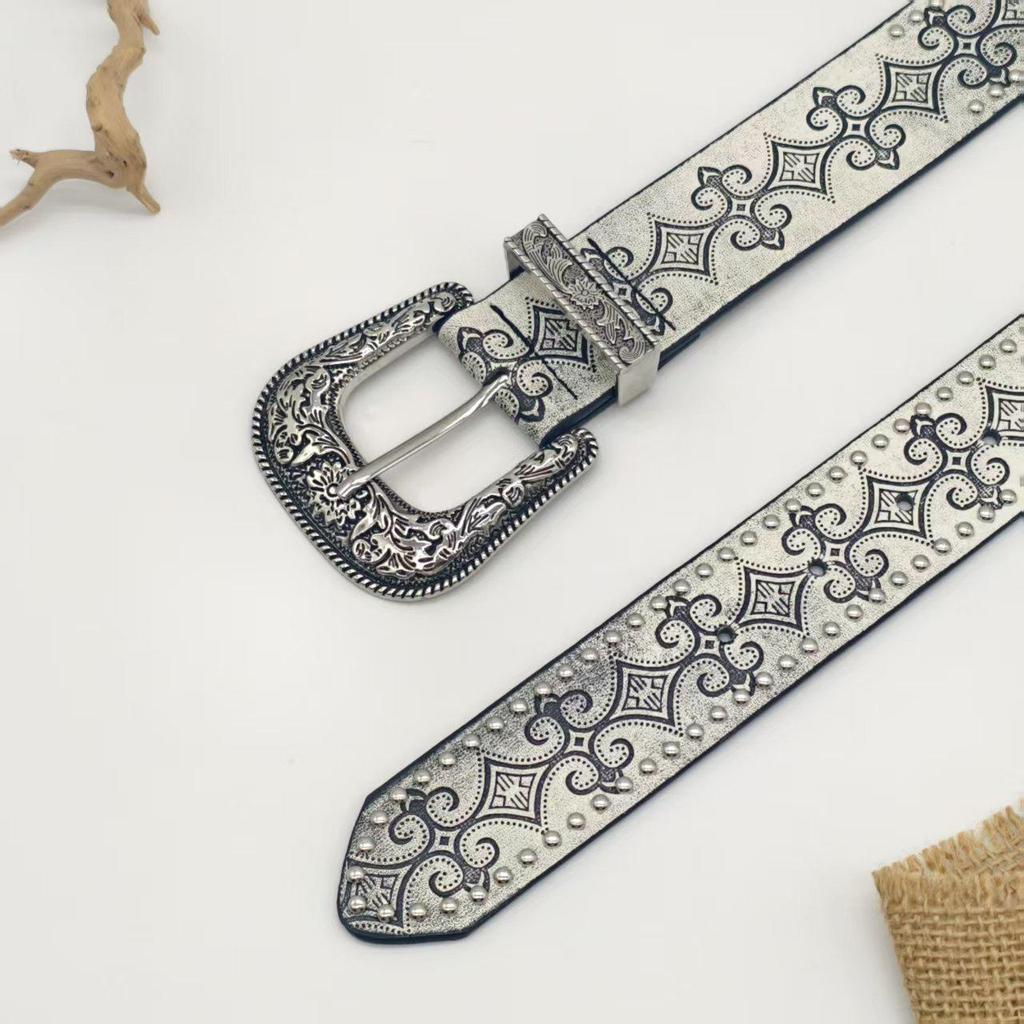 Distressed Y2K-Style Totem-Embossed Leather Belt