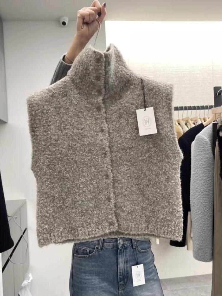 Frühling 2025 Damen Strick-Offener Cardigan Pullover Stehkragen Ärmellose Weste Designgefühl Koreanisch Lässig Pendler Passform Oberbekleidung Neu