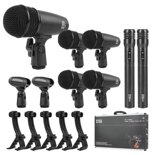 XTUGA MI7 Drum Microphone Set, 7-Piece Wired Drum Instrument Microphone Kit for Bass Drum, Toms, Snare, and Vocals, Includes Condenser Microphone, Car