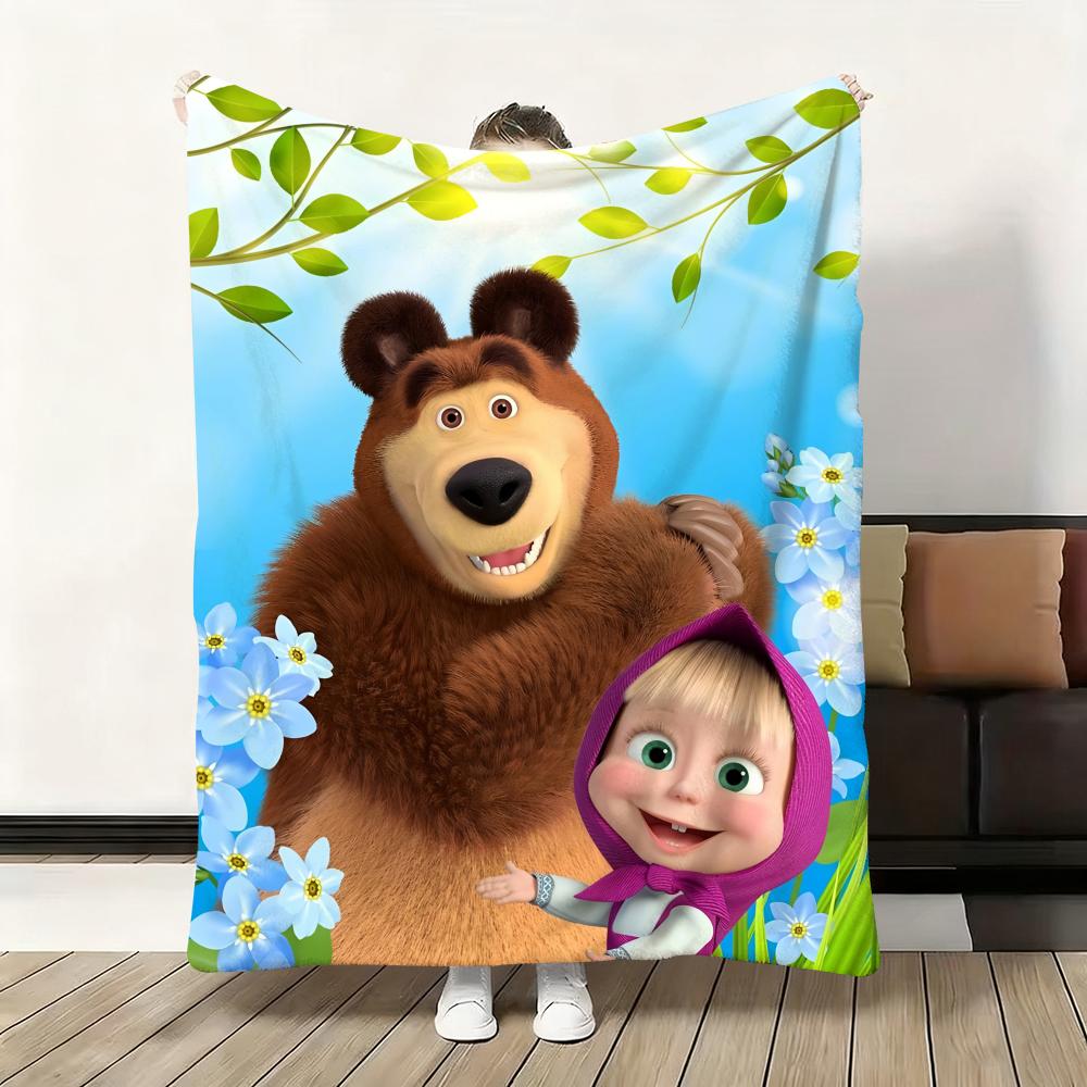 Cartoon M-Masha and the B-Bear Throw Flannel Fluffy Soft Blanket Warm Skin-Friendly Throw for Sofa Bed Office Nap Winter