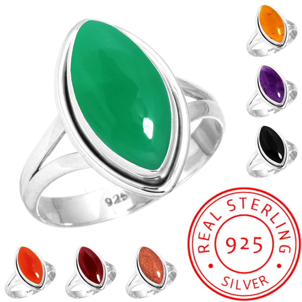 925 Sterling Silver Ring Women Gemstone Handmade Jewelry Birthday Gift Amber Amethyst Black Onyx Carnelian Garnet Quartz Green Onyx Gold Stone