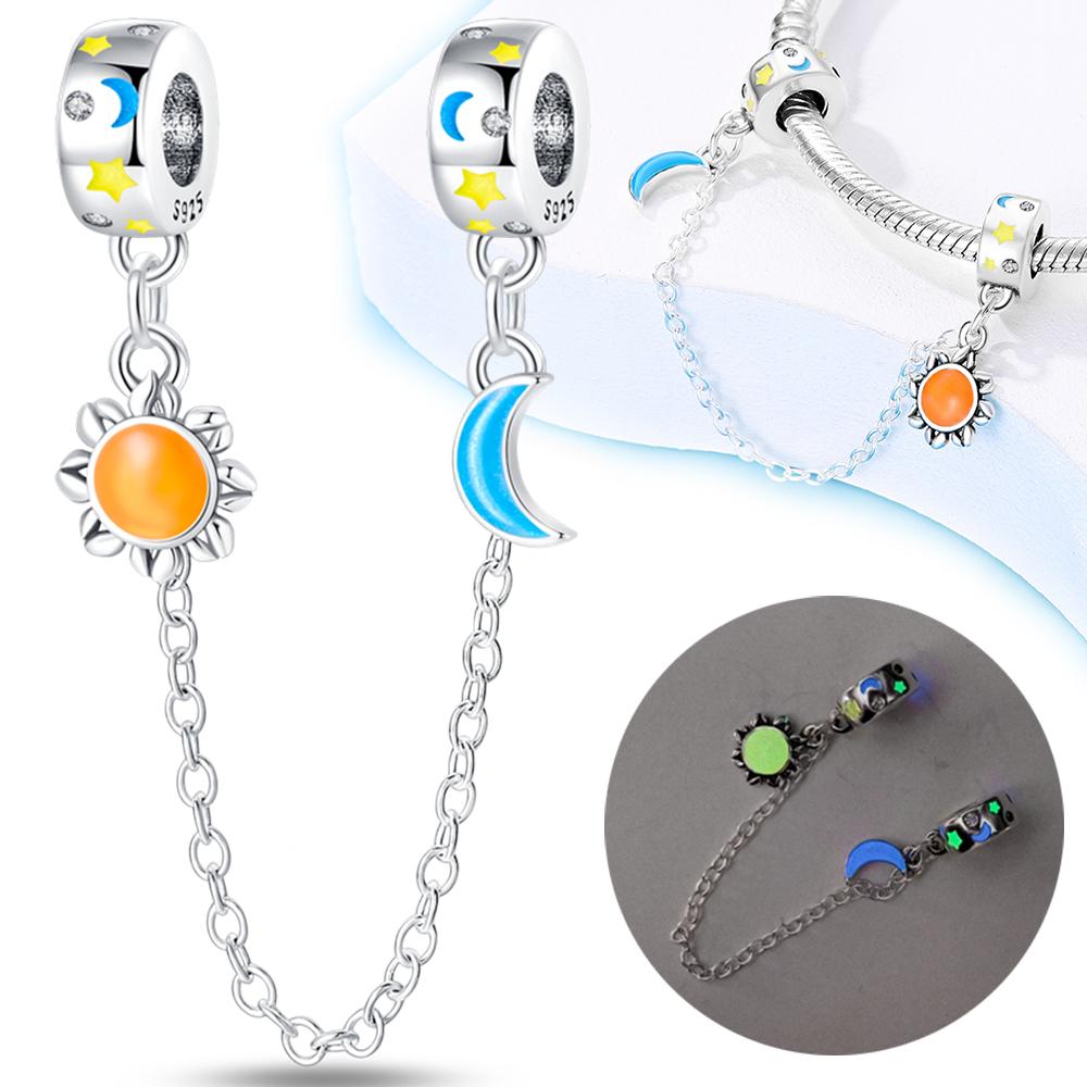 Plated 925 Silver Sun Moon Star Openwork Safety Chain Charms Fit 925 Charms Bracelet Beads Jewelry Gifts for Women