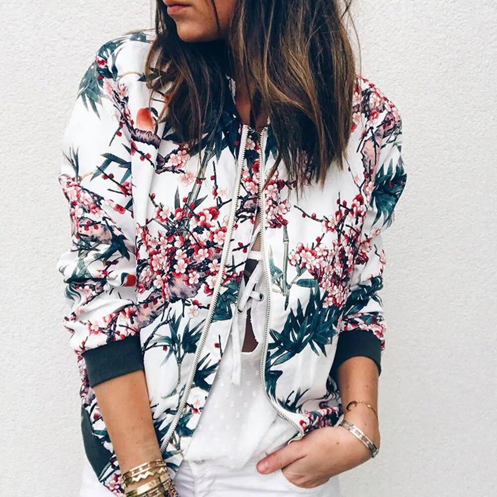 Frauen Elegante Zipper Bomber Jacke Frühling Herbst Floral Bedruckte Jacken Büro Tragen Schlanke Büro Mantel Retro Outwear