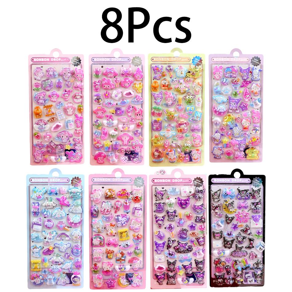 1/8Pcs 3D Relief Stickers Sanrio Hello Kitty Kuromi Cute Anime Cartoon Crystal Sticker Creativity Room Bag Decoration Gifts