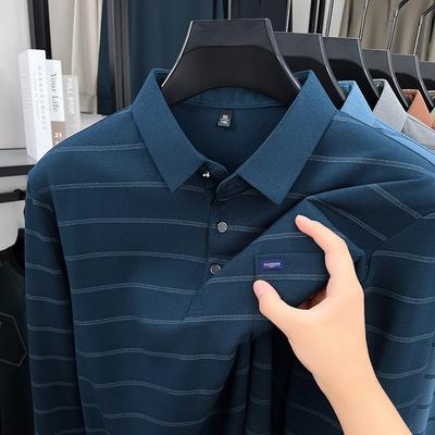 2025 Langärmeliges Herren Frühling und Herbst Kragen Gestreiftes Pullover-Top mit lockeren Taschen Poloshirt