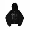 Damen Übergroßer Kapuzen-Reißverschluss Streetwear Sweatshirt mit Aufdruck Strassstein Verzierung