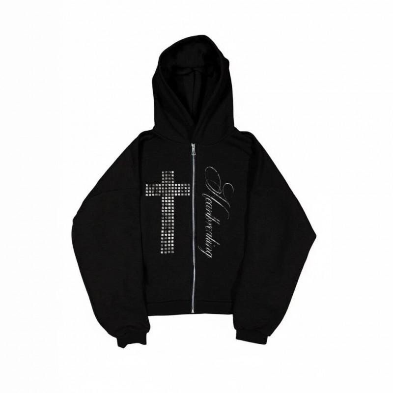 Damen Übergroßer Kapuzen-Reißverschluss Streetwear Sweatshirt mit Aufdruck Strassstein Verzierung