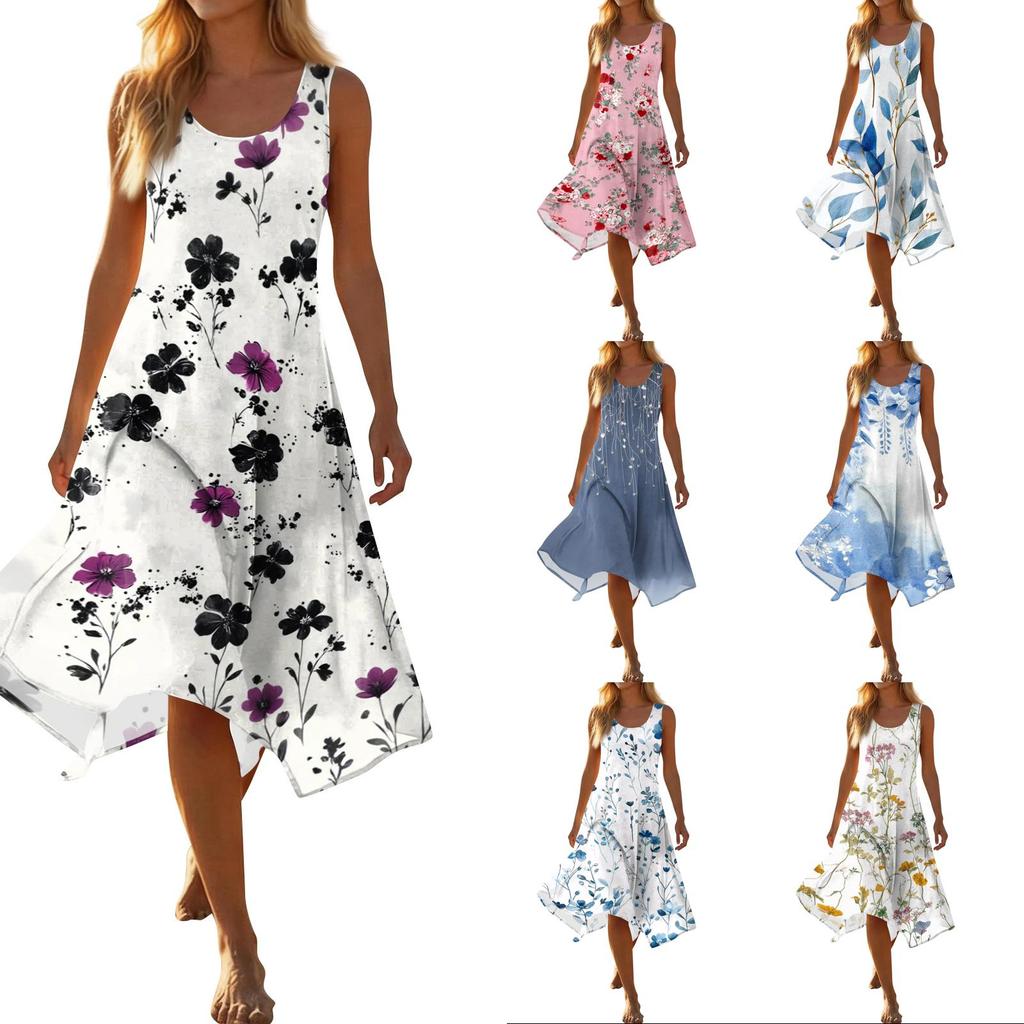 Ärmelloses Sommerkleid mit Blumenprint für Damen, Rundhalsausschnitt, unregelmäßiger Saum, mittellang, leicht, bequem