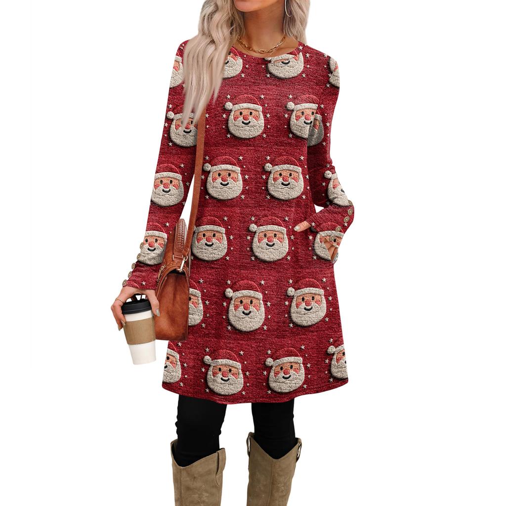 Rochie Casual de Damă la Modă cu Buzunare, Nasturi Decorativi, Imprimeuri de Crăciun, Gât Rotund și Mâneci Lungi