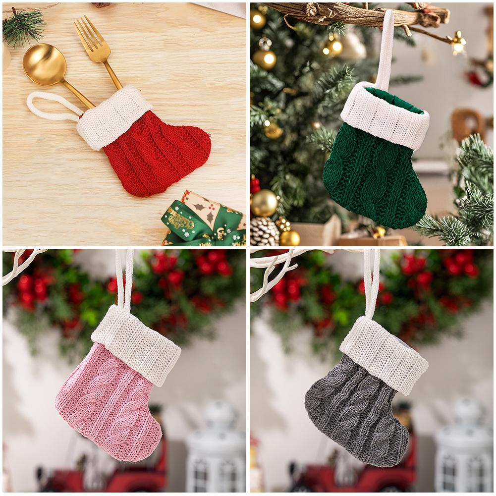 Christmas Knitted Sock Red Green Xmas Tree Hanging Mini-Sock for Home Party Table Decoration Noel Pendant Kids Gift Supplies