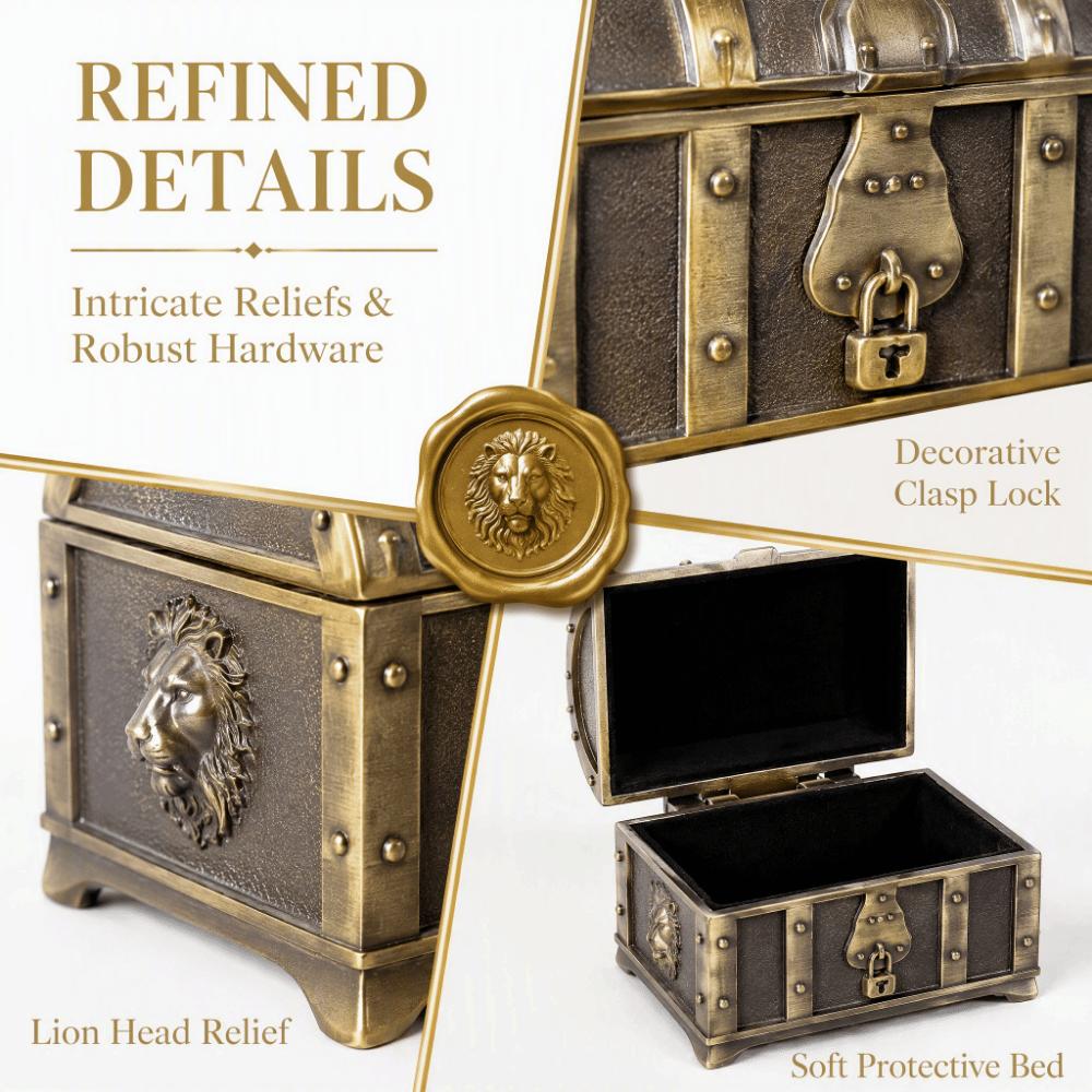 Zinc Alloy Jewelry Storage Case Engraved Pattern Metal Treasure Chest Dresser Tabletop
