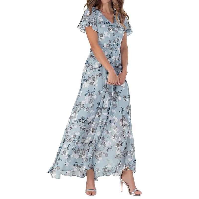 Summer long dress V-neck short-sleeved printed chiffon dress elegant temperament