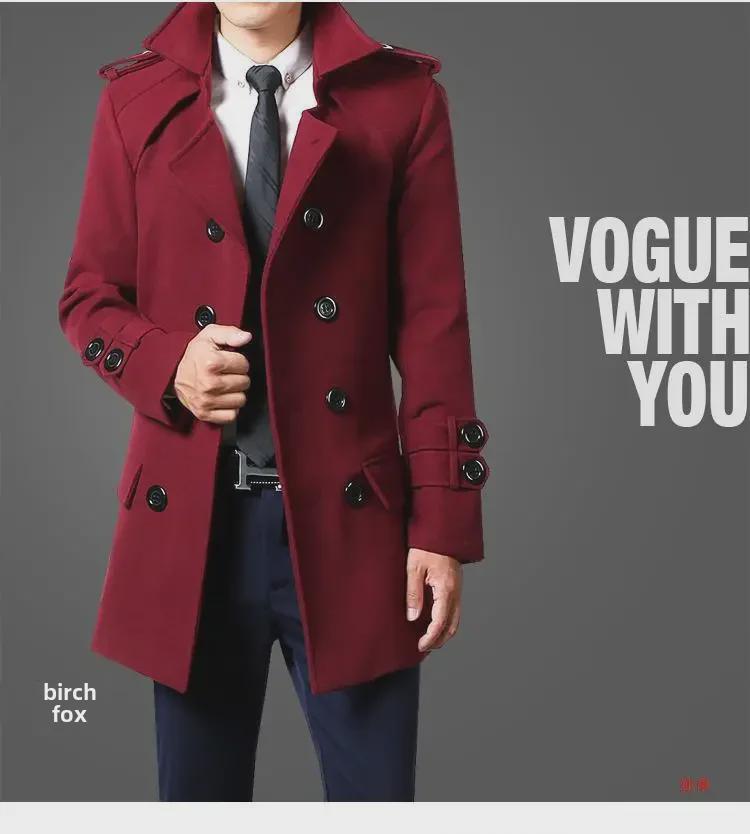 Men's Mid-Length Woolen Double-Breasted Windbreaker with Velvet Lining - Autumn/Winter 2021 Trend