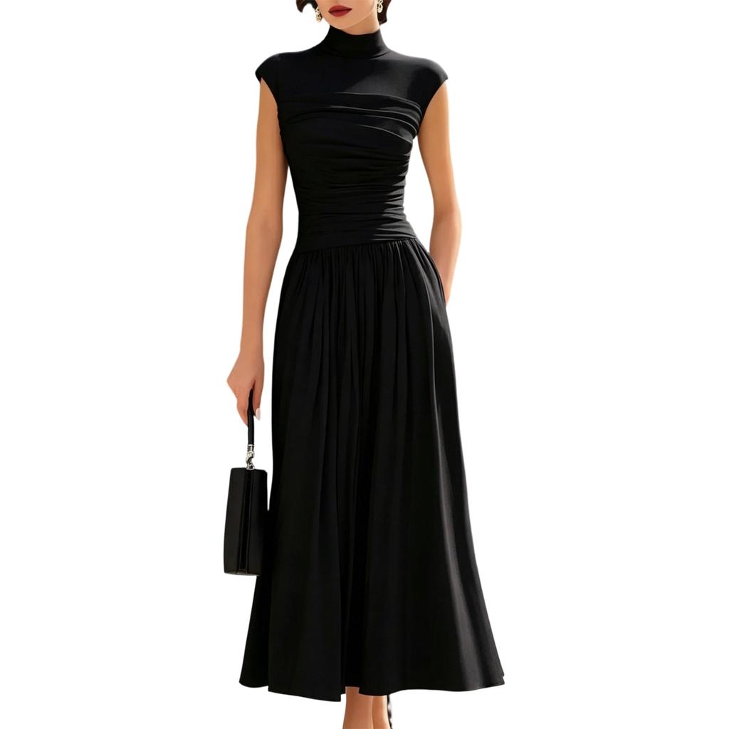 Elegant Women's Summer Stand Collar Sleeveless Dress, Color Loose Fit Stretchy Dress for Casual and Party Wear