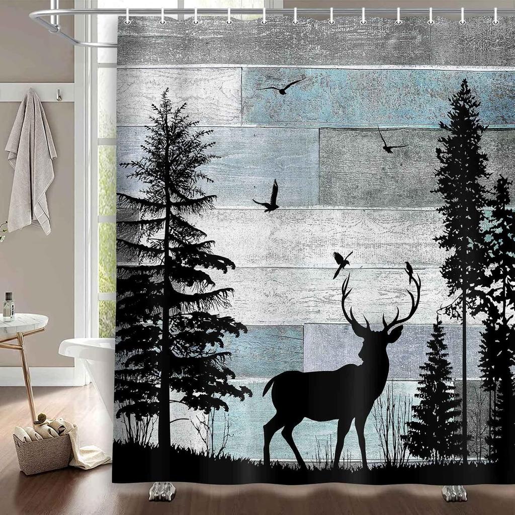 Rustic Forest Deer Shower Curtain Cabin Farmhouse Country Lodge Bathroom Decor Polyester Fabric Bath Curtain Set with Hooks